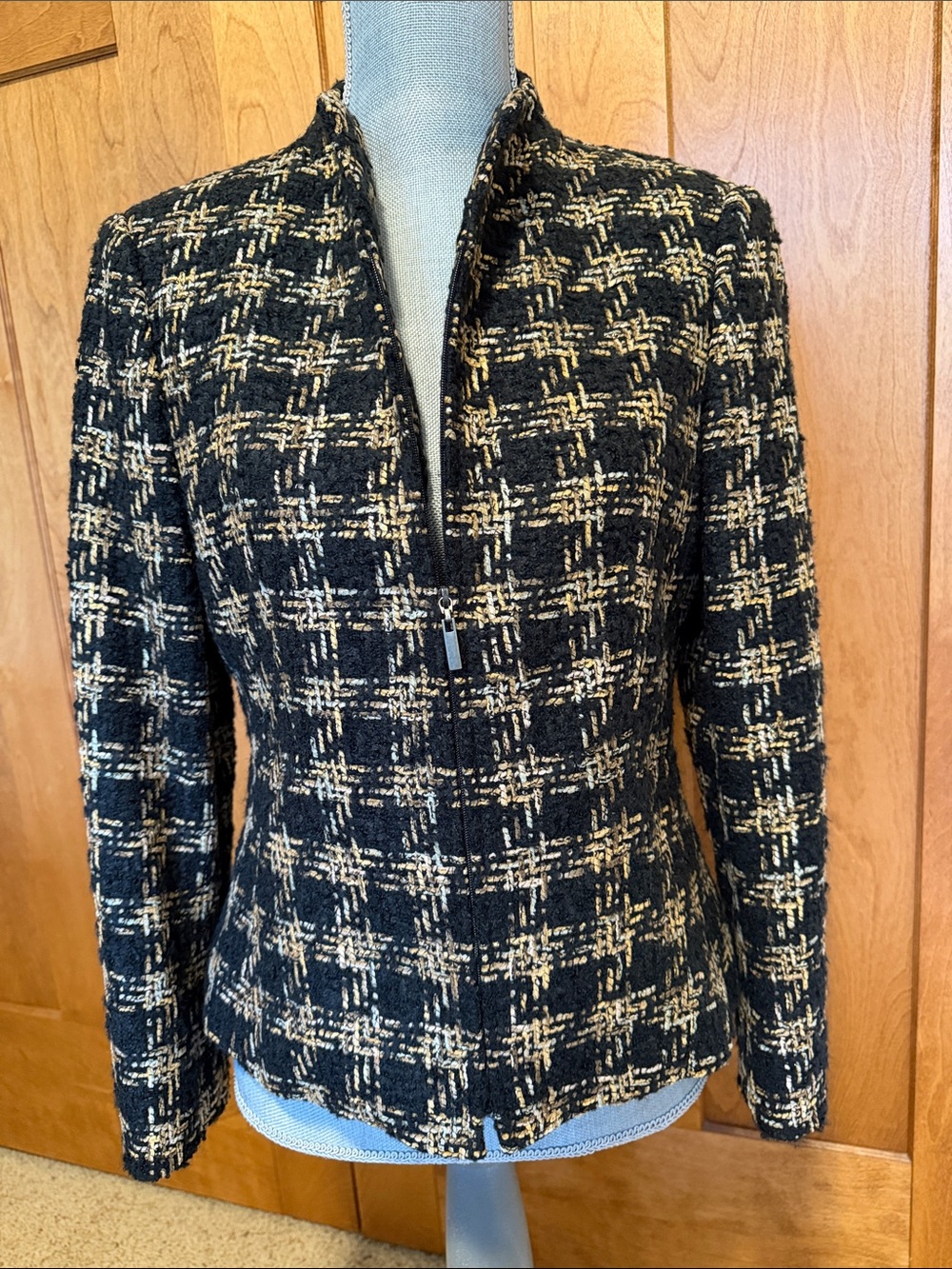 Talbots Houndstooth Black and Cream Tweed Zip-Front Blazer sz 6
